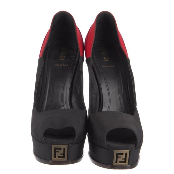 Fendi Authentic Black Red Pink Peep Toe High Heel Pumps 9 - Picture 3 of 8